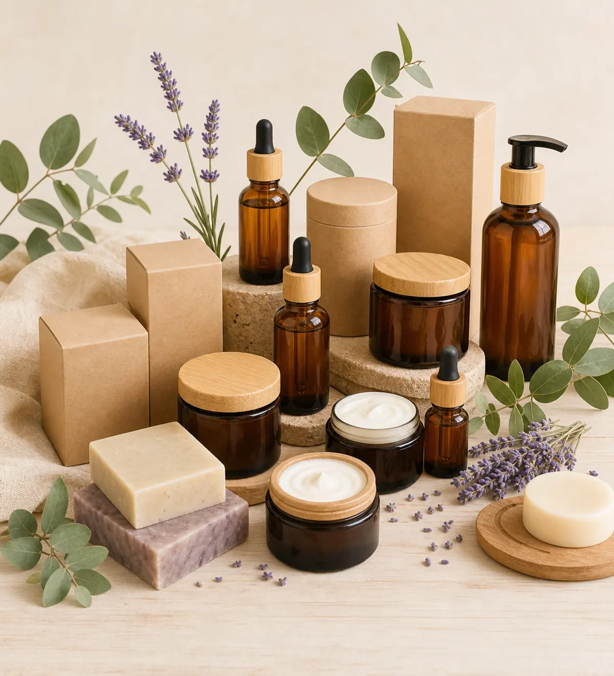 Selección mayorista de cosmética natural en envases de vidrio y cajas kraft